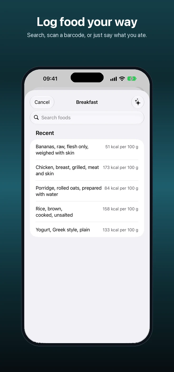 Log food your way: search, scan a barcode, or just say what you ate