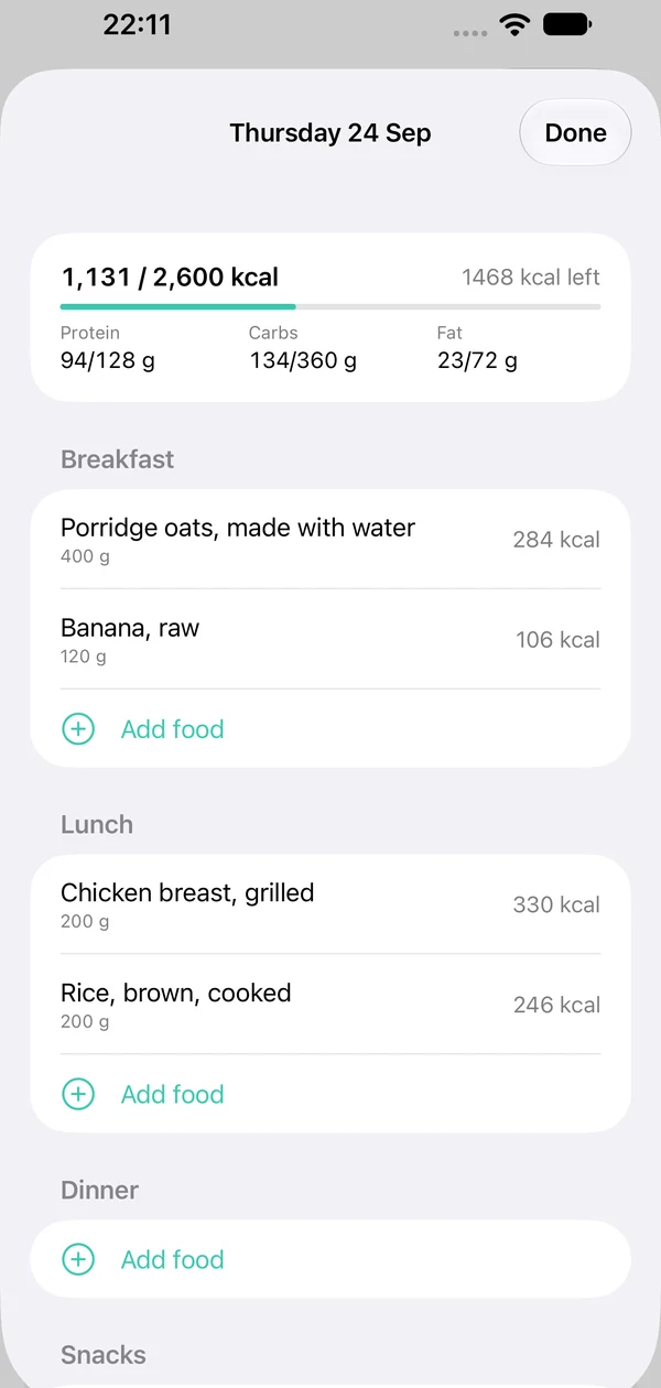 Food log for the day with breakfast and lunch entries
