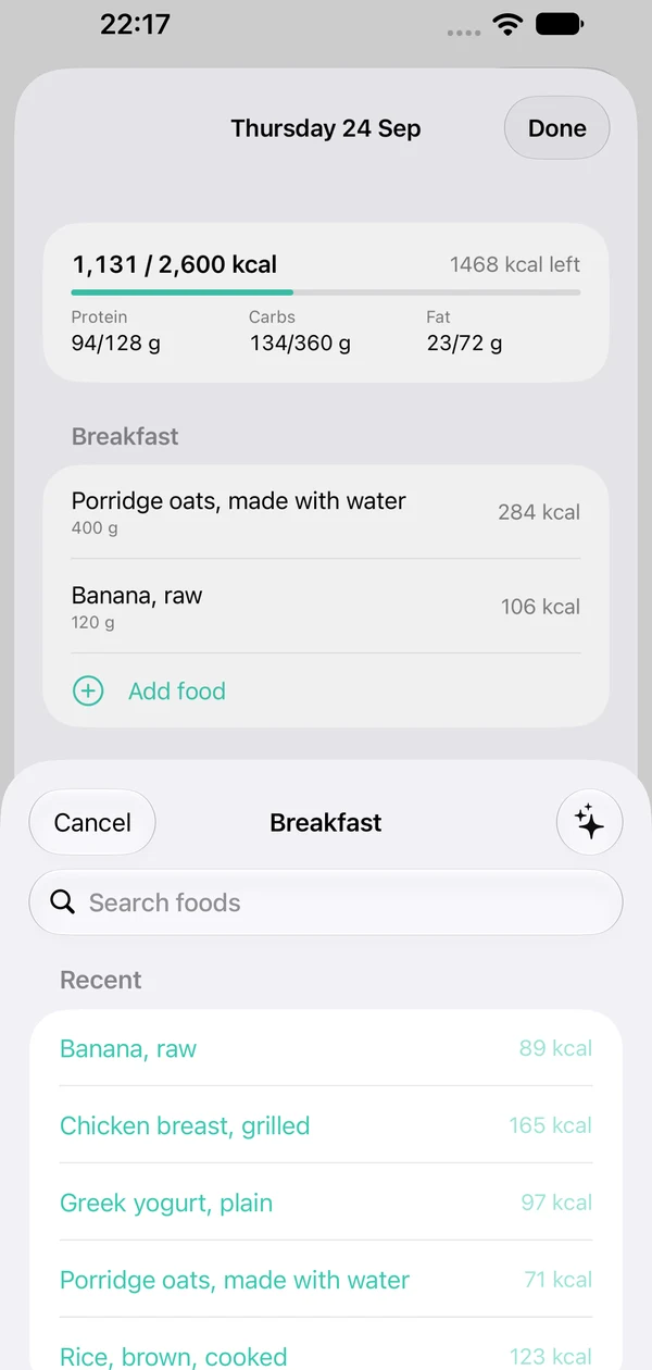 Food search with recent foods and an on-device AI logging button