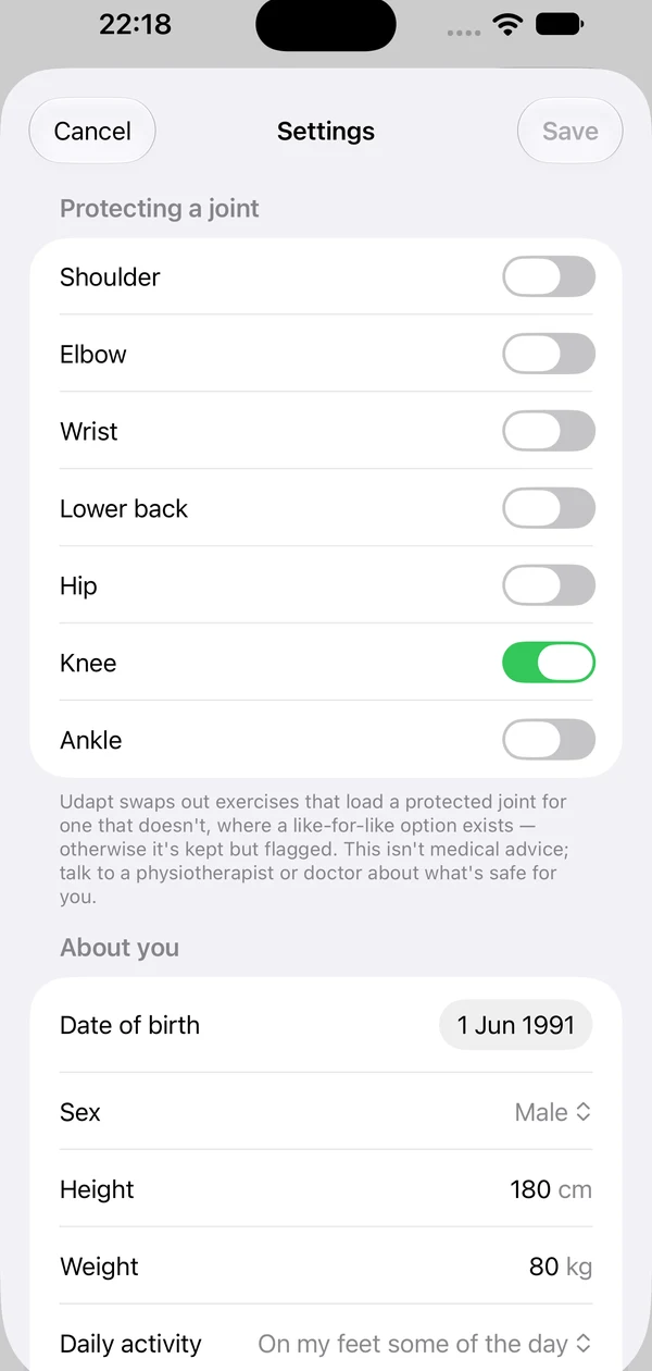 Settings showing joints you can protect, with Knee turned on