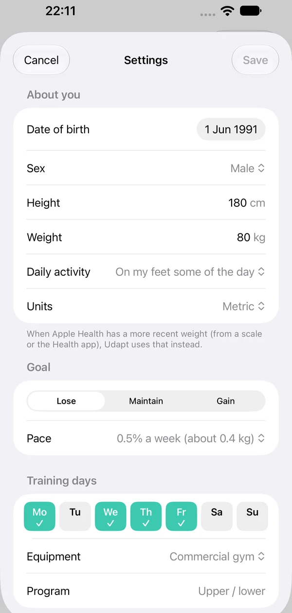 Settings screen with equipment and training days