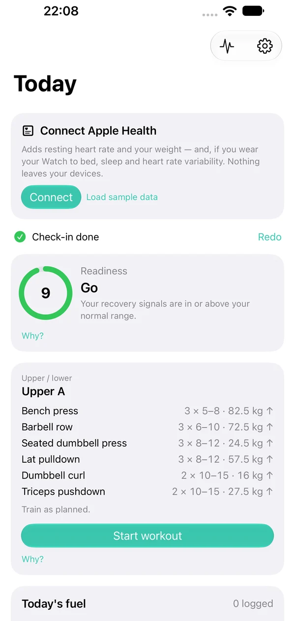 Udapt Today screen: readiness score 9, Go, today's Upper A session with progressed weights
