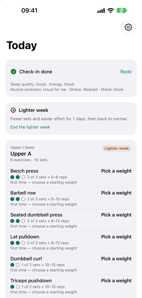 A lighter week: fewer sets and easier effort for seven days