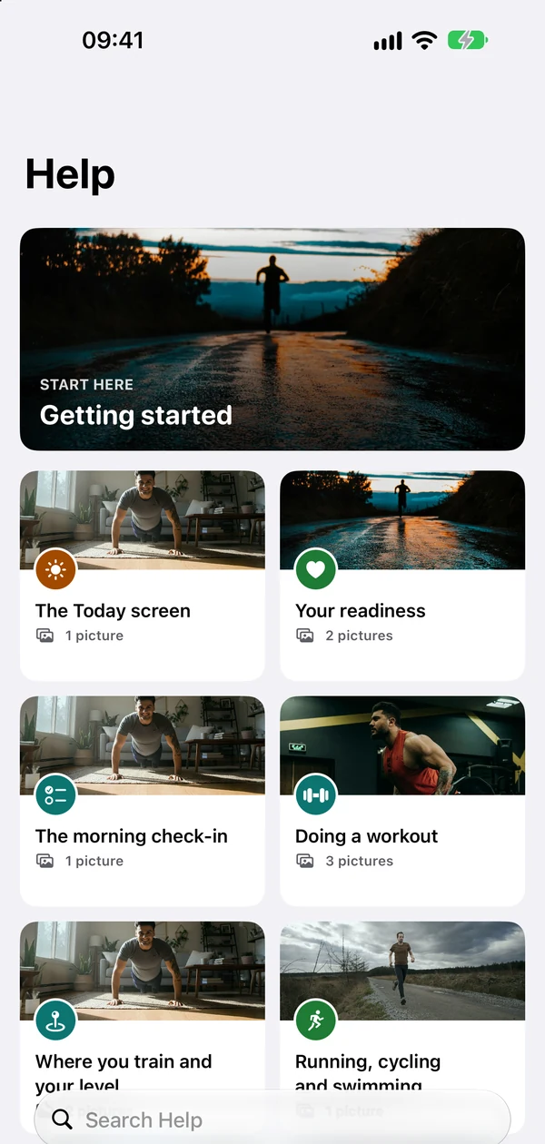 Help: the user guide inside the app, section by section with pictures