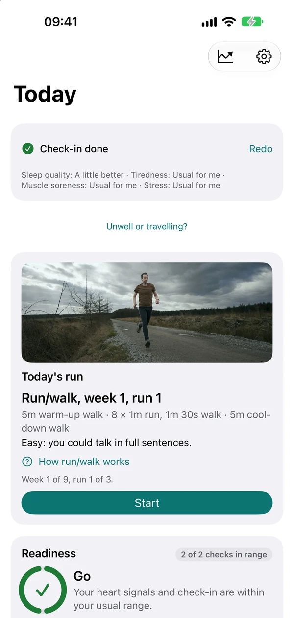 Today: run/walk, week 1, run 1, with How run/walk works and a Start button