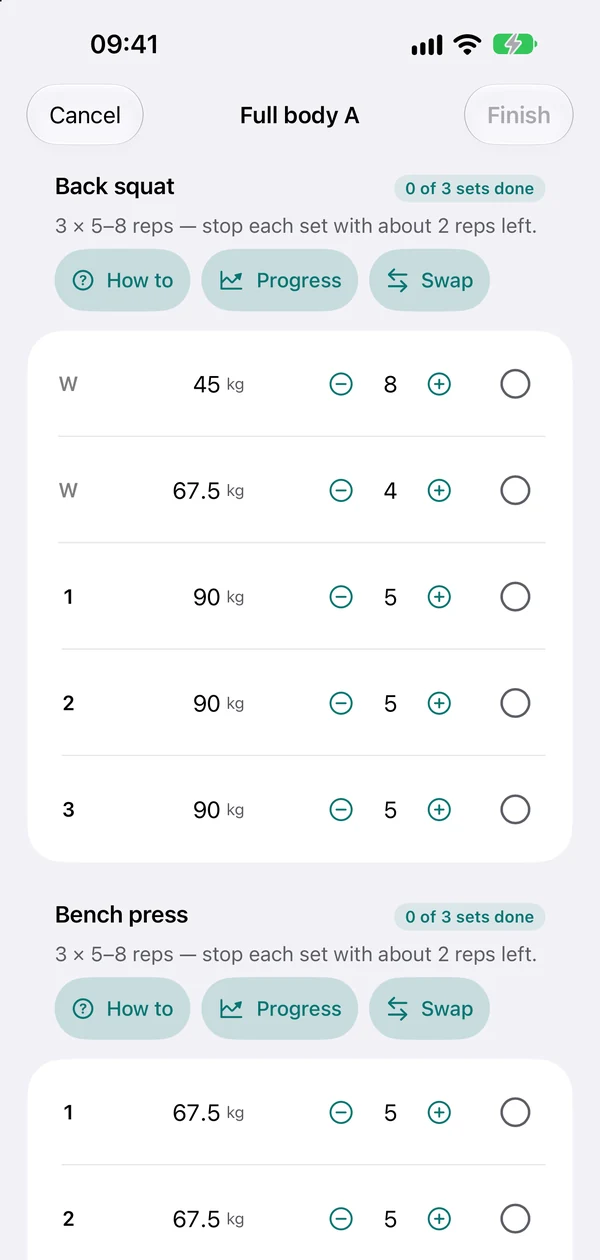 Udapt workout screen with progressed weights for today's session